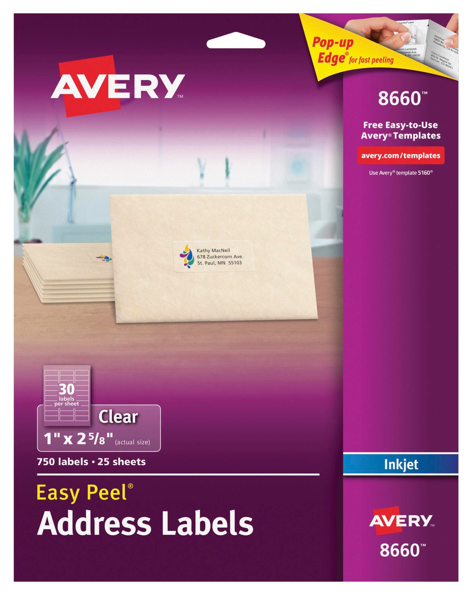 Avery Easy Peel Address Labels, Inkjet, 1 x 2-5/8 Inches, Clear, Pack of 750 075644